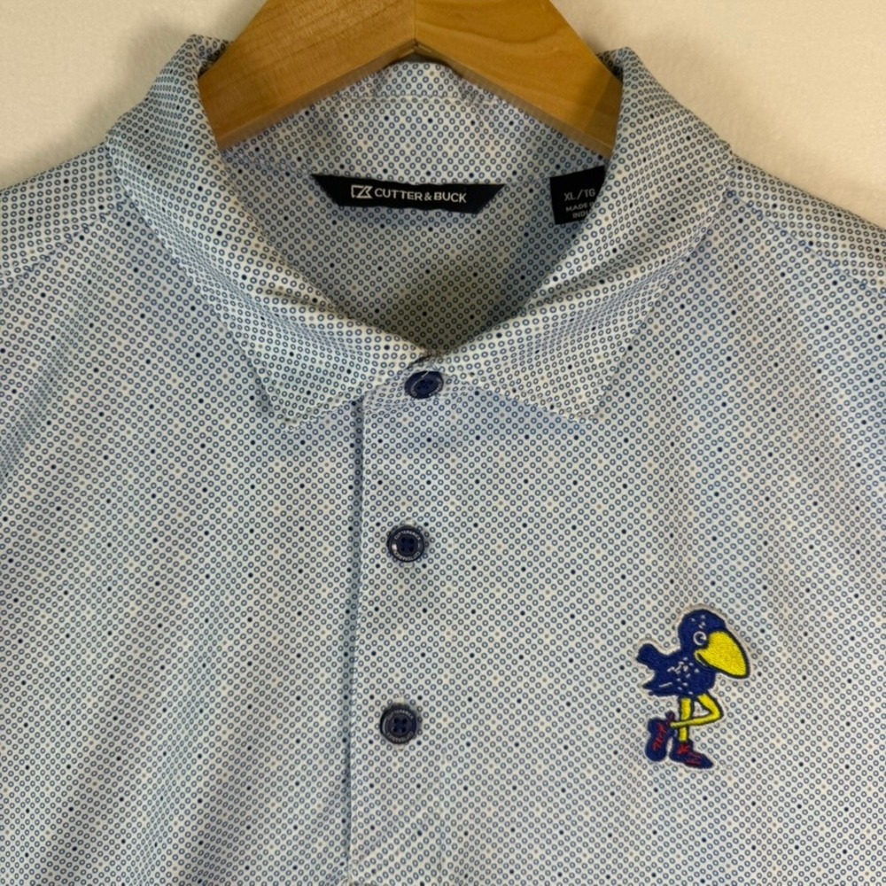 Cutter & Buck Mens XL Blue Geometric Kansas Jayhawks Logo Golf Polo Shirt